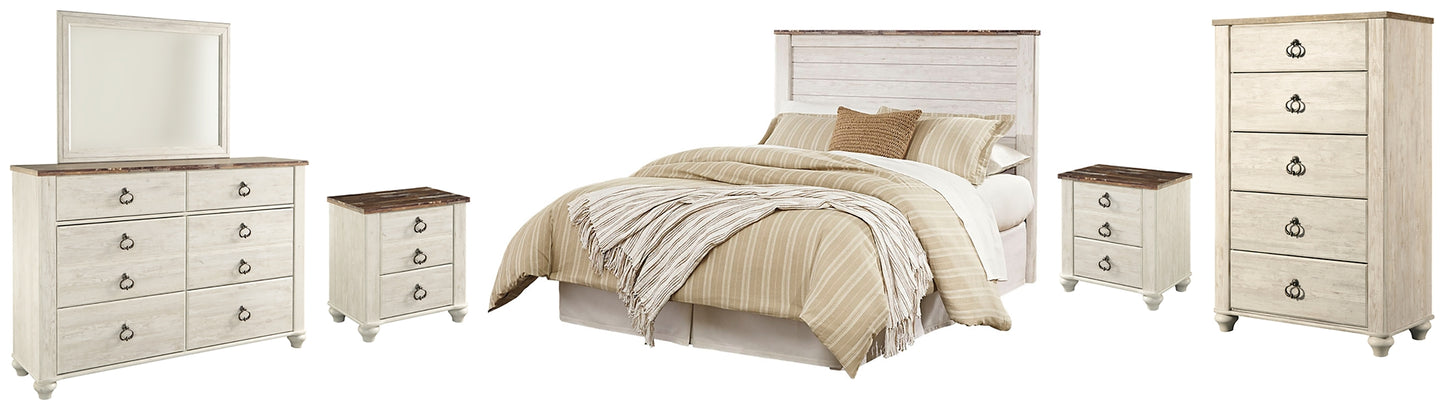 Willowton Queen/Full Panel Headboard with Mirrored Dresser, Chest and 2 Nightstands