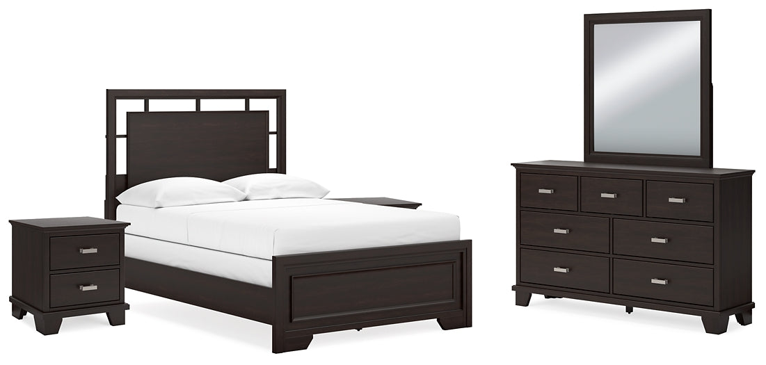 Covetown Full Panel Bed with Mirrored Dresser and 2 Nightstands