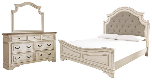 Realyn Queen Upholstered Panel Bed with Mirrored Dresser