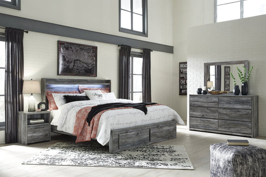 Baystorm King Panel Bed with 2 Storage Drawers with Mirrored Dresser, and Nightstand