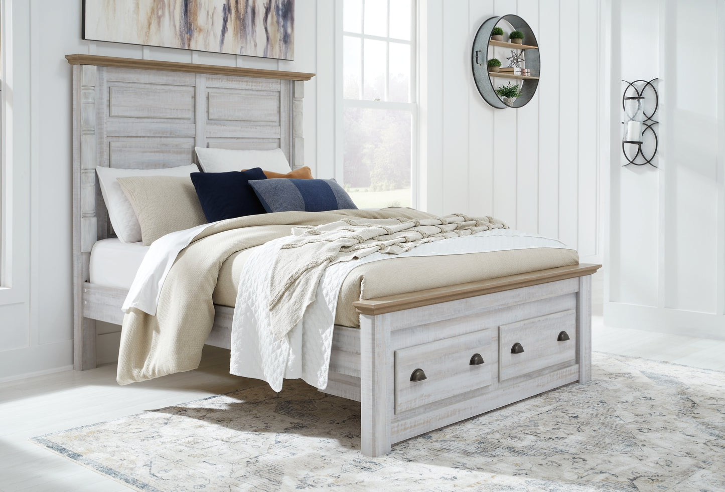 Haven Bay Queen Panel Storage Bed with Mirrored Dresser and Chest