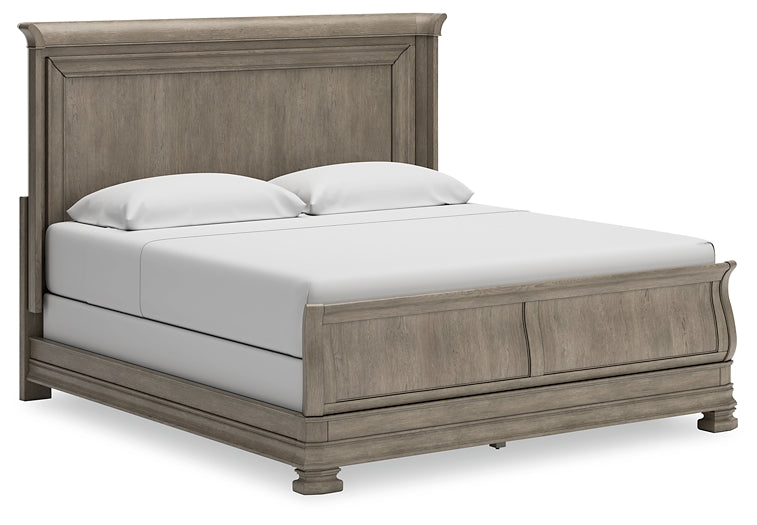 Lexorne California King Sleigh Bed with Mirrored Dresser and 2 Nightstands