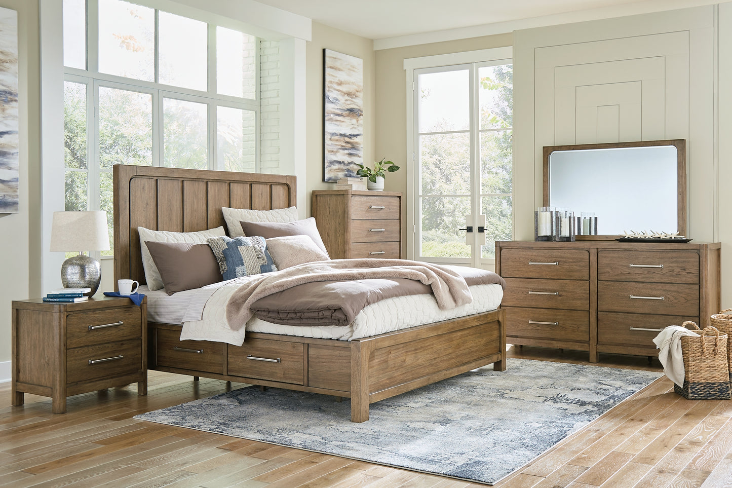 Cabalynn California King Panel Bed with Storage with Mirrored Dresser, Chest and Nightstand